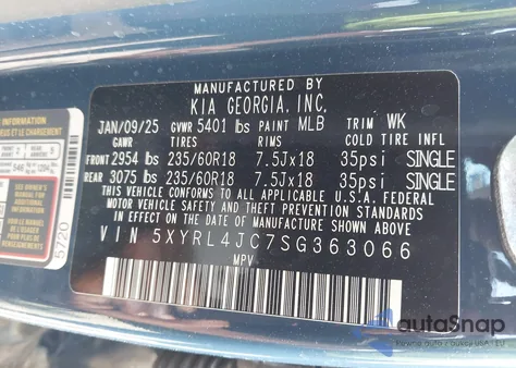 2025 Kia Sorento S from USA, damaged, VIN 5XYRL4JC7SG363066